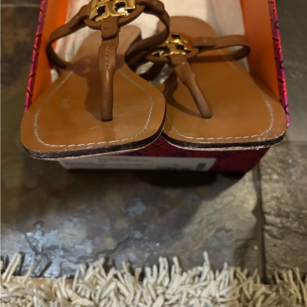 Tory Burch Tan Miller Thong Sandals with Gold Logo